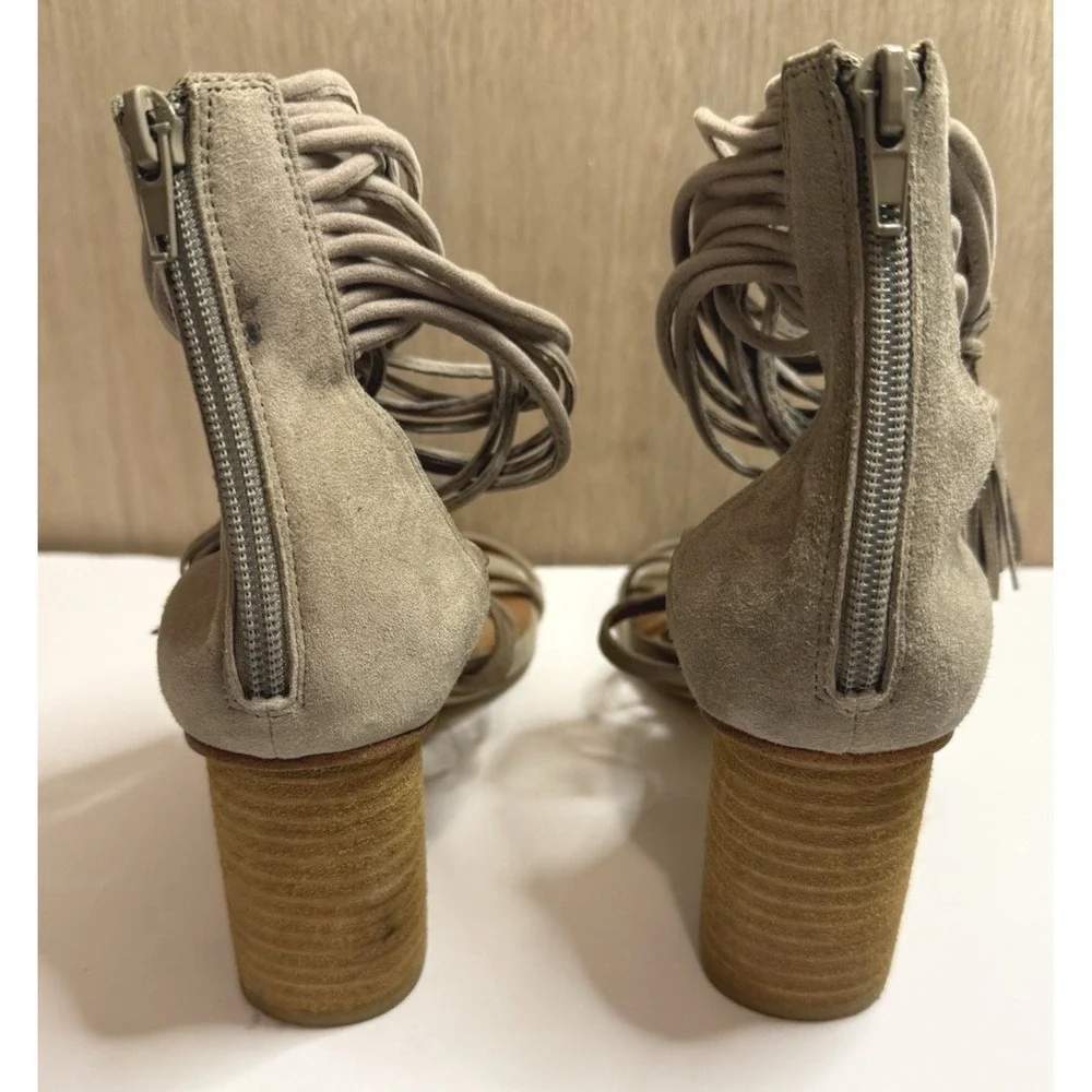Jeffrey Campbell Despina Strappy Suede Tassel Block Heel Sandals Taupe Grey Sz 8